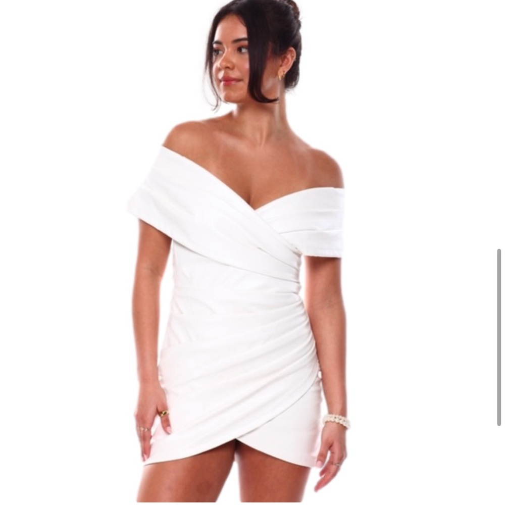 Azalea Wang Tonia White Faux Leather Off Shoulder Sheath Dress Mini Dress